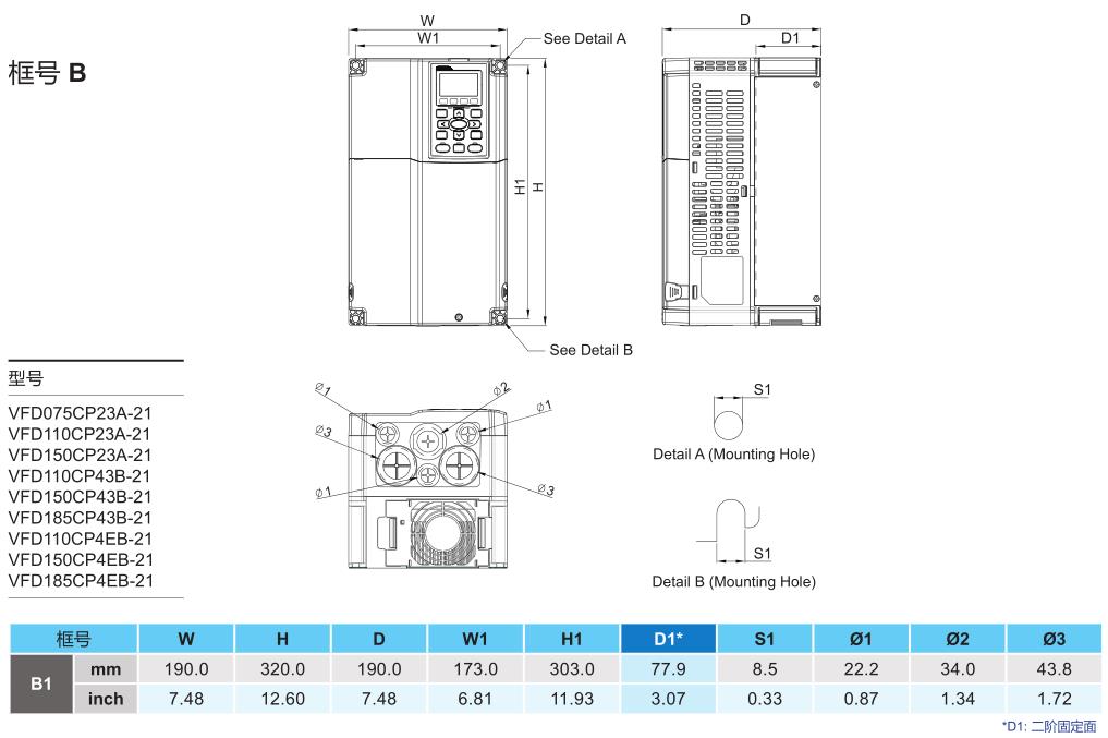 11kW臺(tái)達(dá)變頻器VFD110CP23A-21的安裝尺寸