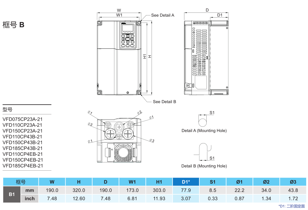 18.5kW臺(tái)達(dá)變頻器VFD185CP43B-21的安裝尺寸