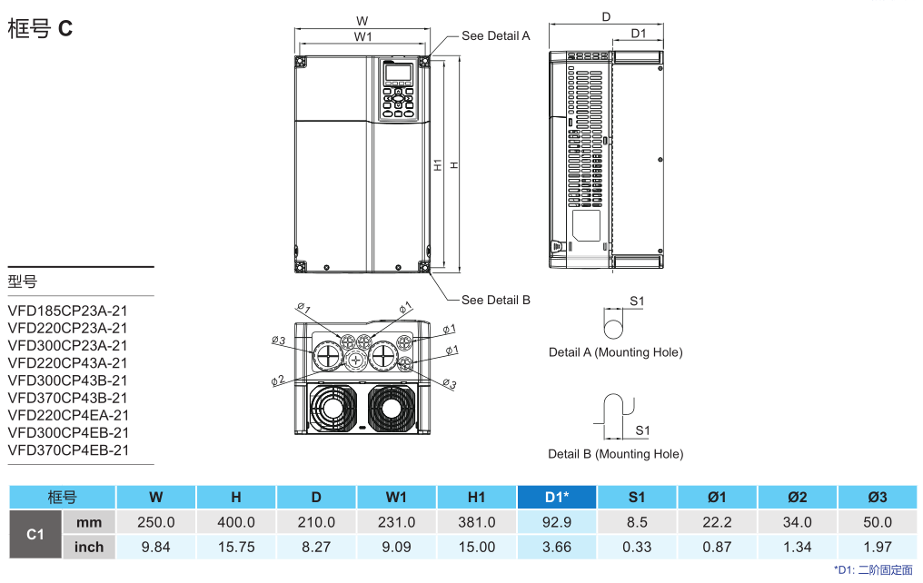 22kW臺達(dá)變頻器VFD220CP43A-21的安裝尺寸